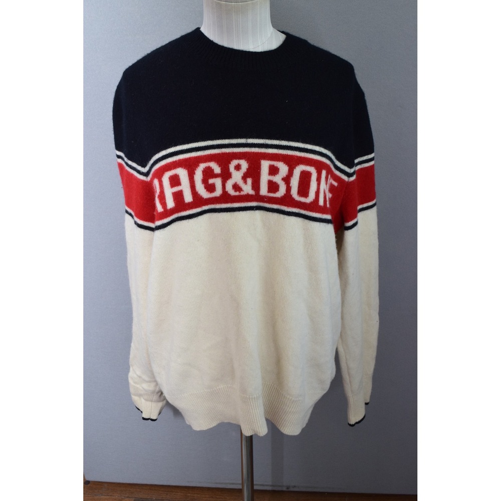 Rag & Bone Sweater Large Black Cream Red Logo Merino Wool Mens Crewneck Knit